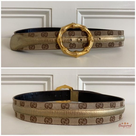 Auth Gucci Monogram Canvas Gold Metallic Leather Bamboo Metal Buckle Belt 88/34 - Picture 5 of 13